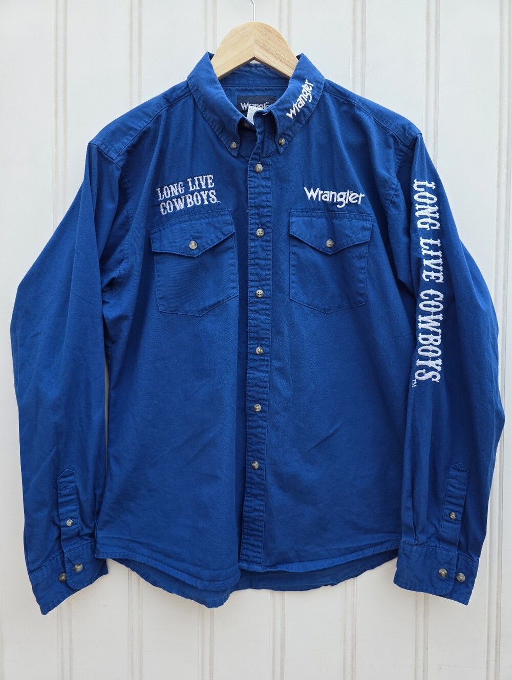 Wrangler Western Button Down Rodeo Shirt Long Live Cowboys Blue Youth XXL 18-20